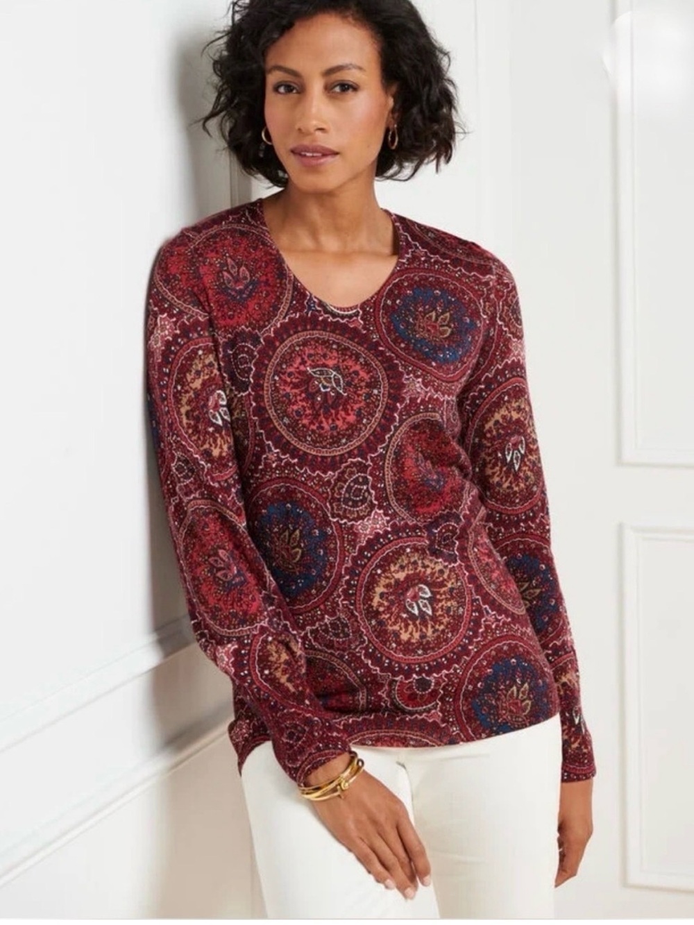 Talbots Pure Merino Wool Red Paisley Medallion Long-Sleeve Crewneck sweater.